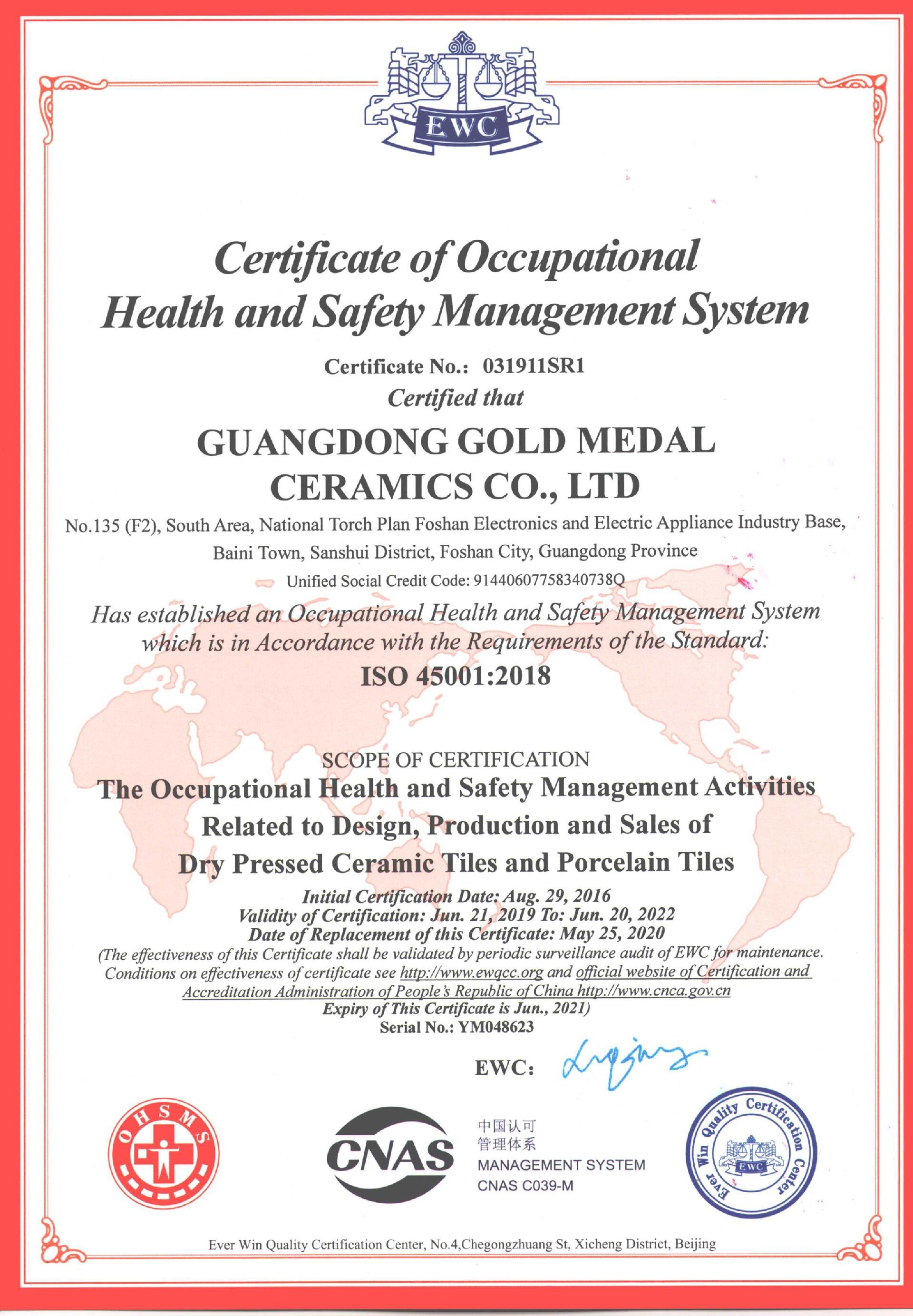 2020年 金牌公司 职业健康安全管理体系认证证书（英文）